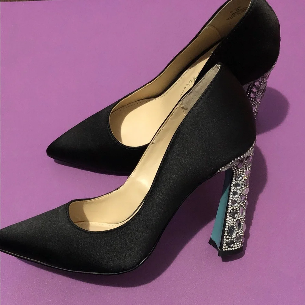 Betsey Johnson Black Satin Pointed Pumps with Jeweled Block Heels - Picture 4 of 8